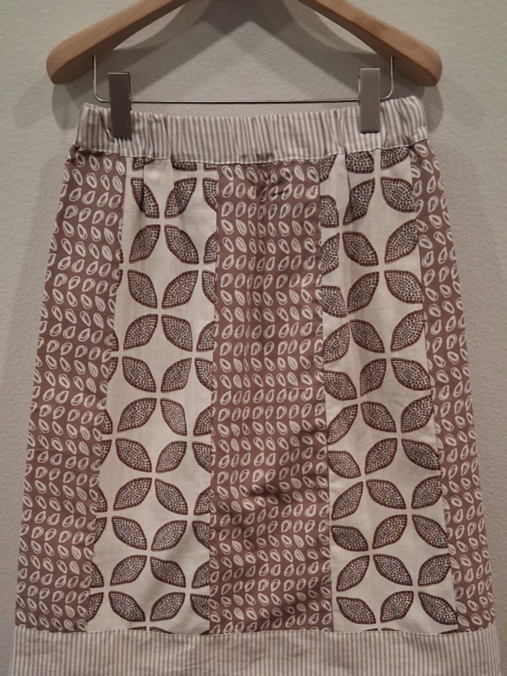 Upcycled Patchwork Midi Skirt Boho Earth Tone Neutral Geometric Leaf Print Med